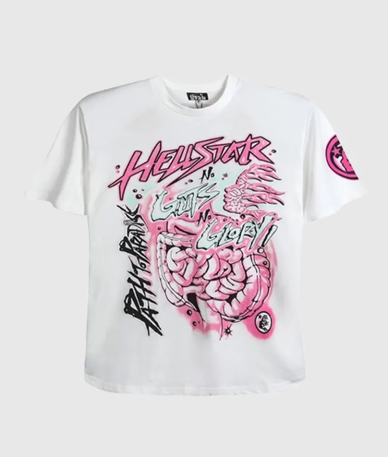 Hellstar Studios Path to Paradise No Guts No Glory T-Shirt in white featuring bold pink and black graphic print.
