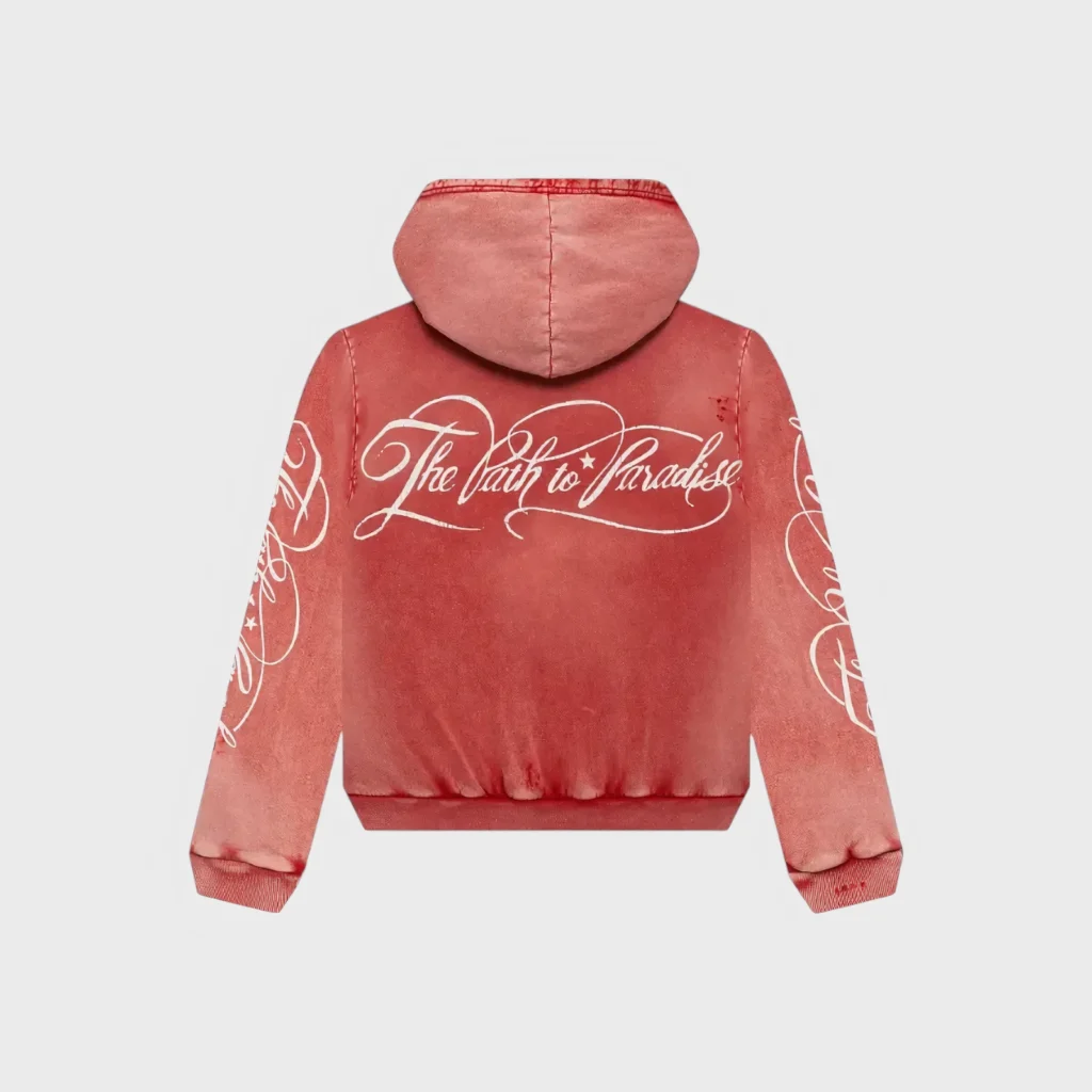 Back view of the vintage red Hellstar Path To Paradise zip-up hoodie with white graphic print on the back and sleeves.