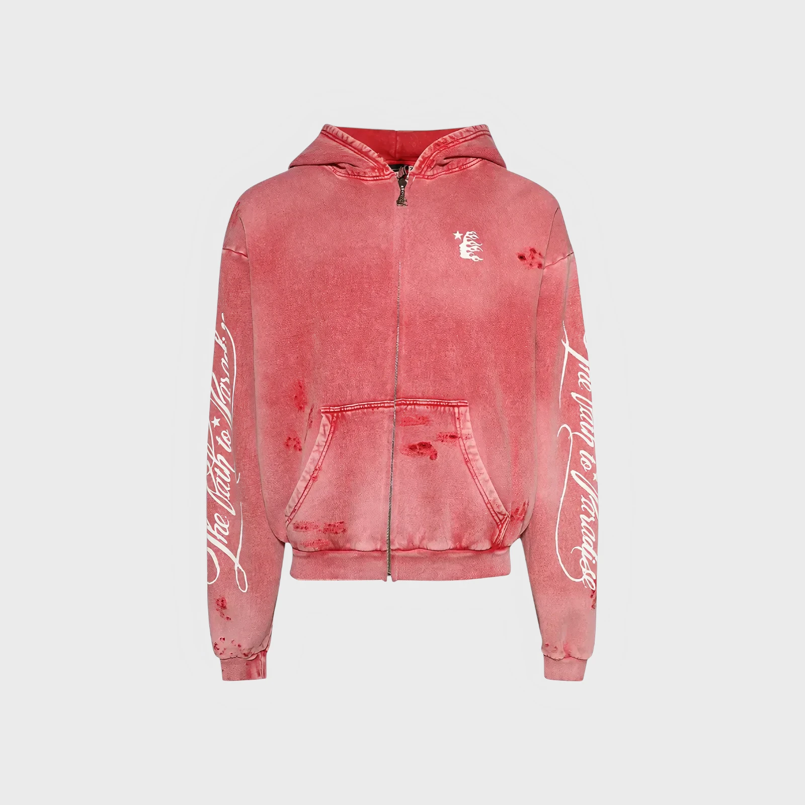 Hellstar Path To Paradise Red Zip Up Hoodie Front view of the red Hellstar Path To Paradise zip-up hoodie featuring white sleeve text and distressed fabric detail.