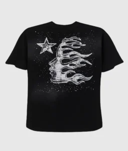Hellstar Path to Paradise black vintage washed unisex T-shirt with a white graphic flame face and star design on the back.