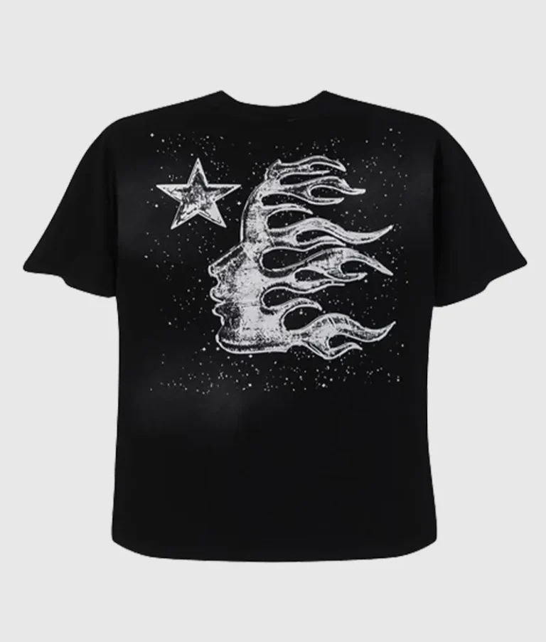 Hellstar Path to Paradise black vintage washed unisex T-shirt with a white graphic flame face and star design on the back.