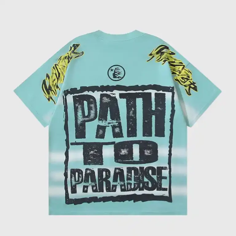 Back view of the Hellstar Path To Paradise light blue graphic t-shirt with screen-printed branding and lettering