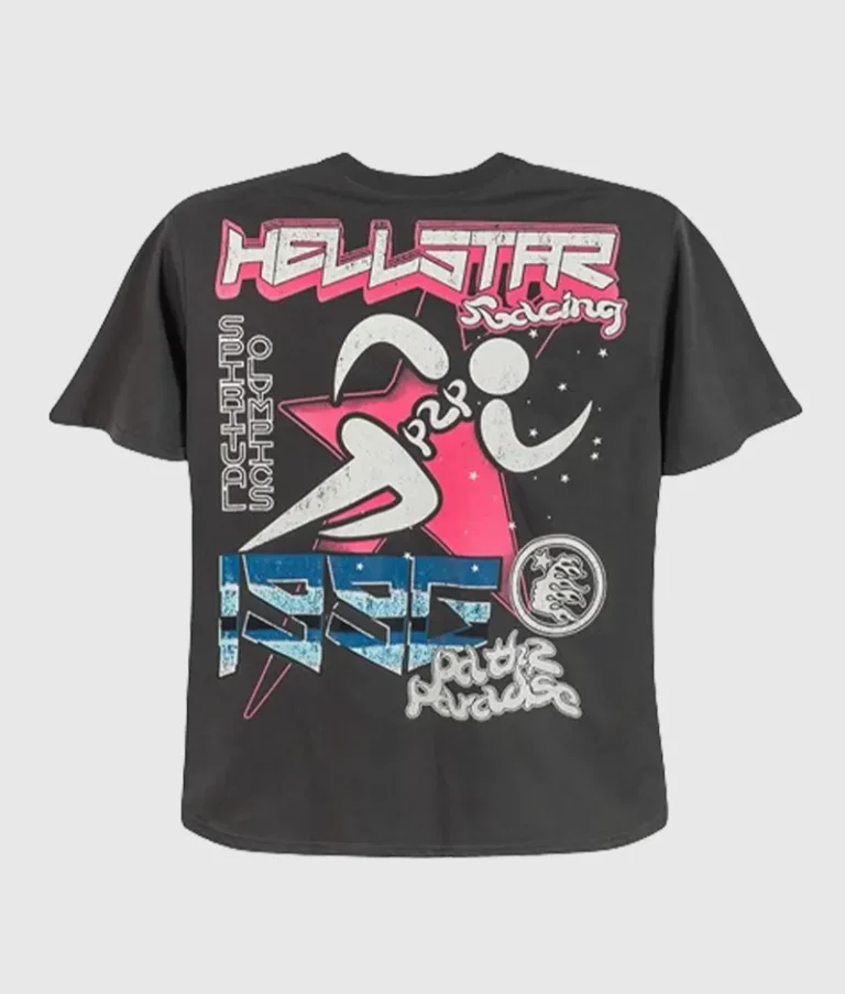 Back view of the vintage washed Hellstar Path to Paradise black graphic T-shirt with pink and blue artistic screen print.