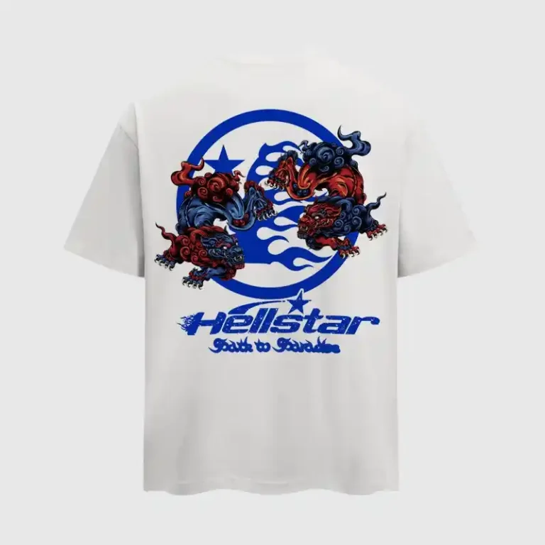 Back view of the Hellstar Path To Paradise white vintage washed cotton t-shirt with graphic print design.