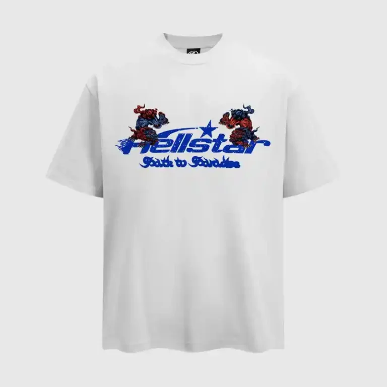 White Hellstar Path To Paradise graphic T-shirt with a vintage washed effect, made in the USA from 100% cotton.