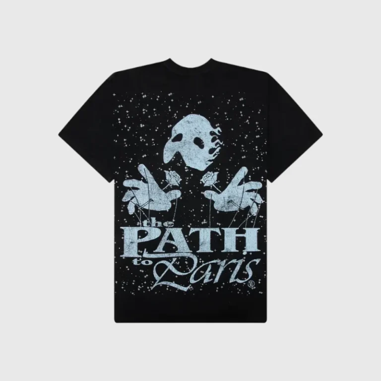 The back view of a black Hellstar Phantom of the Opera T-Shirt with a distressed white Path to Paris graphic print.