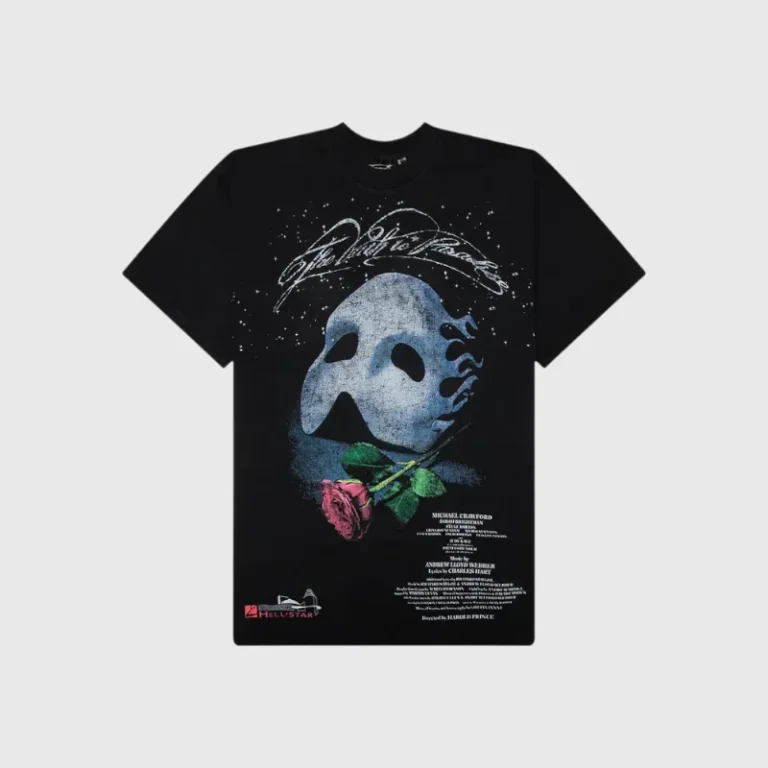 Black Hellstar Phantom of the Opera T-Shirt featuring a distressed graphic of a theatre mask and a single red rose.