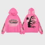 Front and back view of the vibrant pink Hellstar Brainwashed hoodie featuring graphic flames and a star logo design.