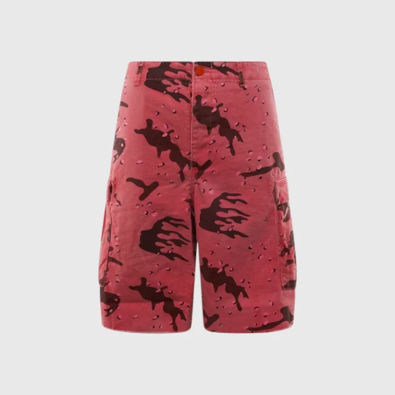 Front view of Hellstar branded casual shorts in a vibrant pink camouflage pattern with dark print details.