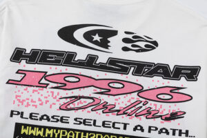Back graphic design of the Hellstar Pixel white T-shirt featuring a retro 1996 online logo and pixelated print.