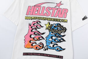 Front view of the white Hellstar Pixel T-Shirt featuring pink and blue flame graphics and branded text designs.