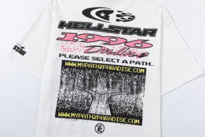 Back view of the white Hellstar Pixel T-Shirt featuring retro 1996 online graphic and custom path text design