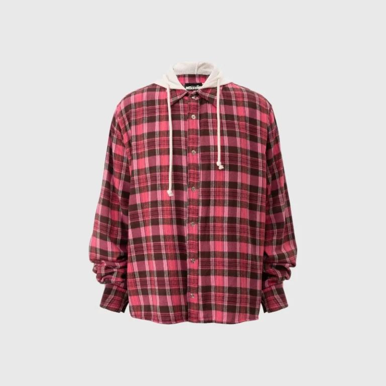 Red Hellstar plaid button-up shirt featuring a comfortable white drawstring hoodie for a unique streetwear look.