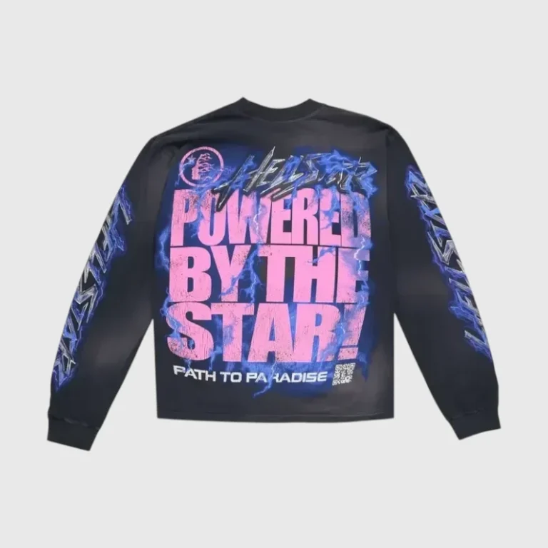 Back view of the black Hellstar Powered By The Star long-sleeve shirt with pink text and blue lightning graphic design