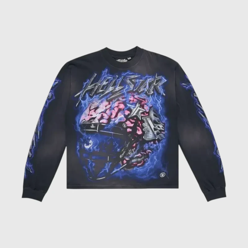 Hellstar Powered By The Star Long Sleeve Front Front view of the black Hellstar Powered By The Star long-sleeve shirt featuring a graphic brain and blue lightning