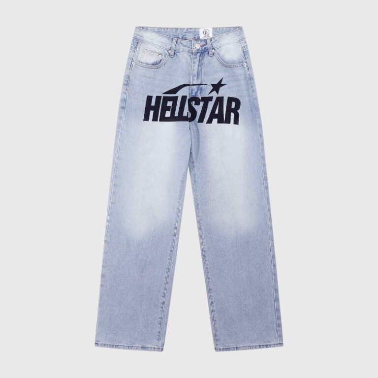 Front view of Hellstar Print Logo Loose Jeans in vintage washed light blue denim with a bold black graphic logo.