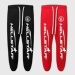 Black and red Hellstar Print Logo sweatpants featuring an adjustable drawstring waistband and signature graphic print.