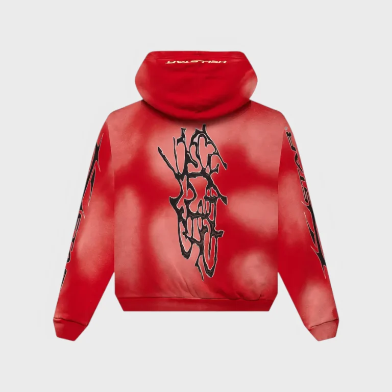 Back view of the Hellstar Racer red hoodie showcasing the bold black graphic design and branded sleeve detailing.