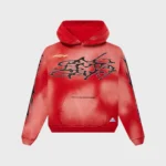 Front view of the Hellstar Racer Red Hoodie featuring signature racing-inspired black graphics on premium cotton fleece.