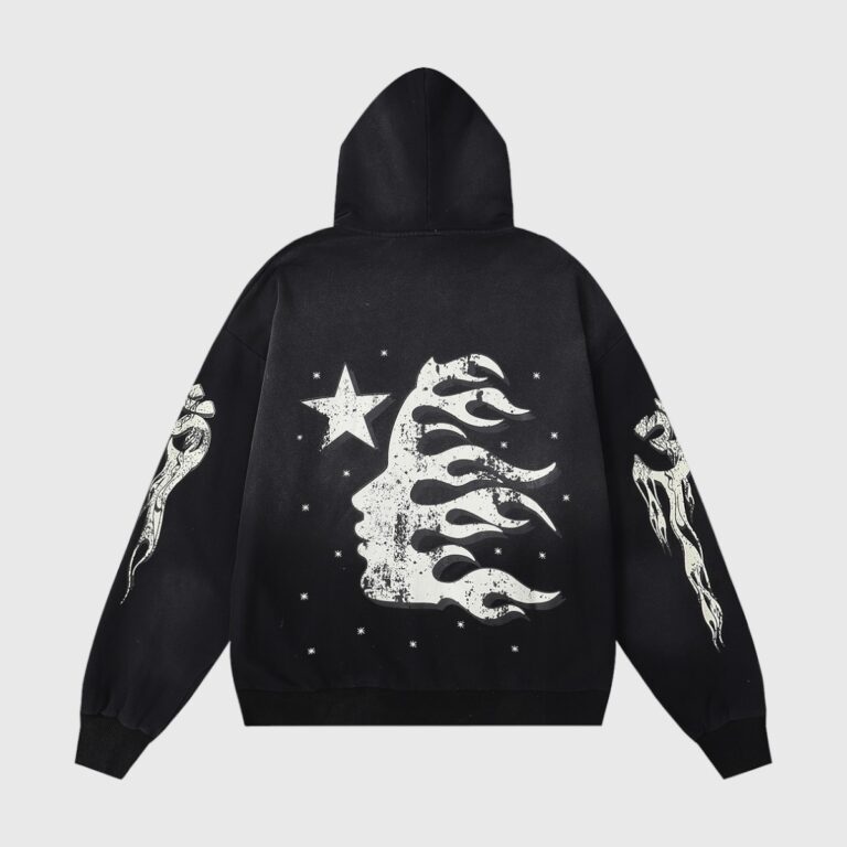 Back view of the Hellstar Racer vintage black hoodie featuring a white flame silhouette graphic and sleeve designs.