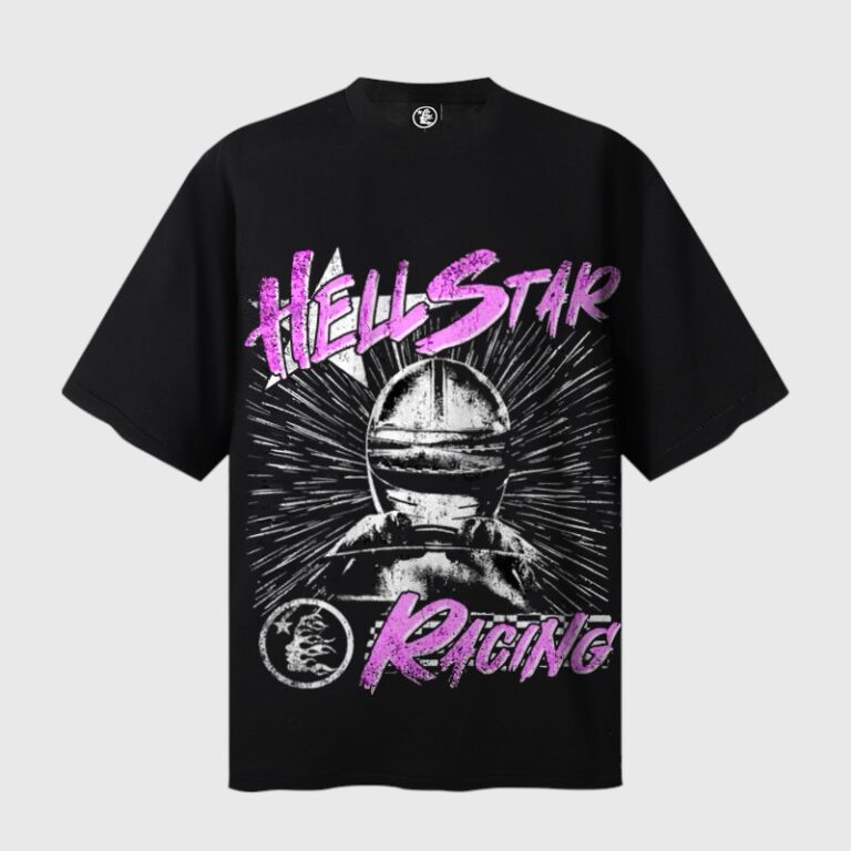Black Hellstar Racing t-shirt featuring a dynamic graphic of a racing helmet with motion lines and distressed pink logo.