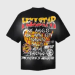 Back view of the black Hellstar Racing Skull cotton T-shirt featuring a detailed graphic screen print of a world tour.