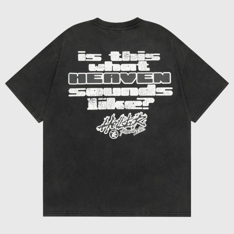 Hellstar Studios Rage T‑shirt black back print with bold white "Is this what Heaven sounds like?" slogan on washed tee