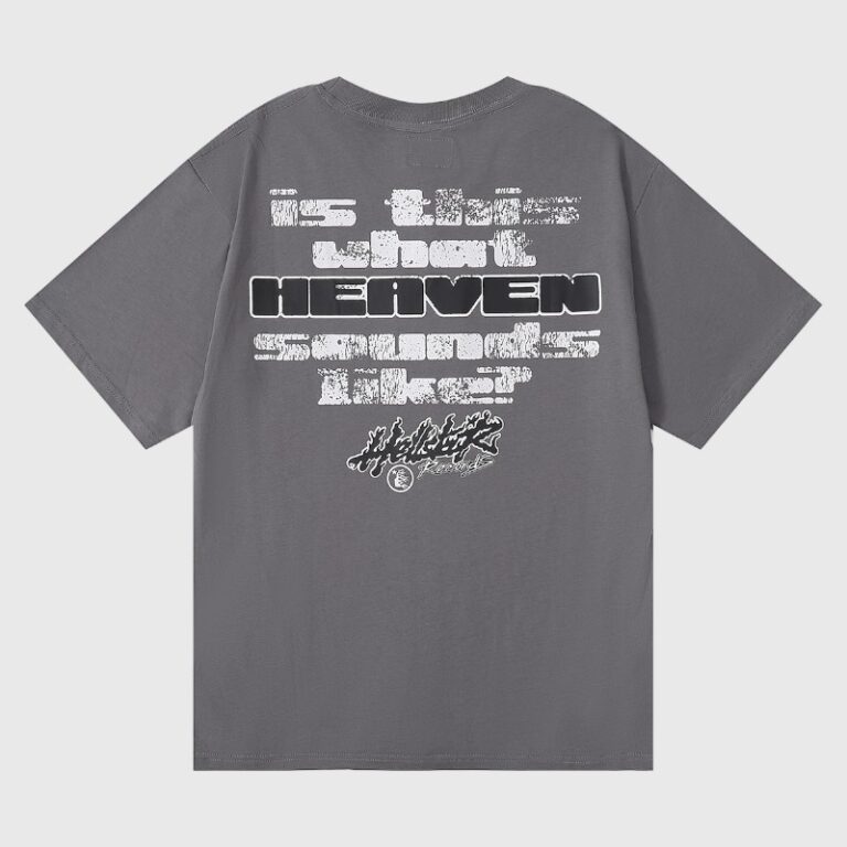 Hellstar Rage T‑shirt dark grey back with bold white "Is this what Heaven sounds like?" slogan and Hellstar logo