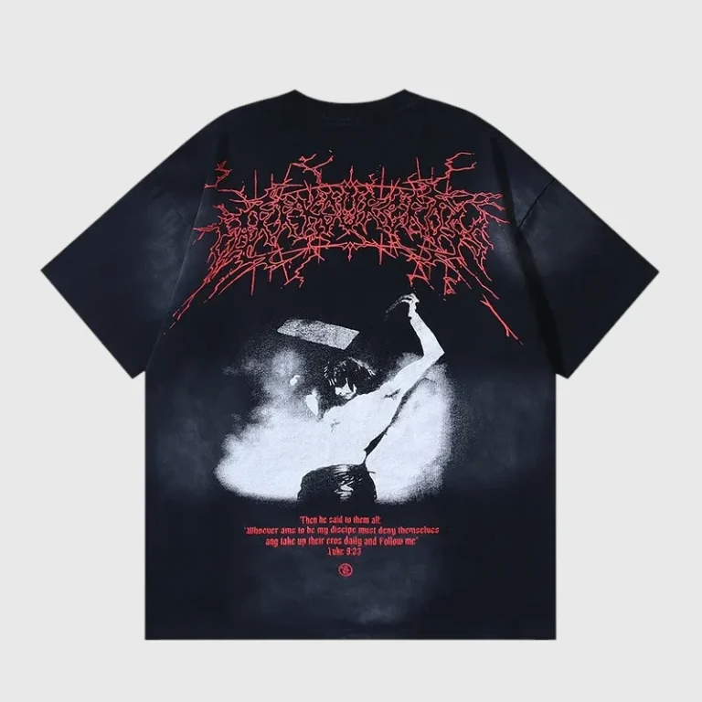 Back view of the black Hellstar Raise Hell graphic T-shirt featuring a vintage wash and bold red metal-style text.