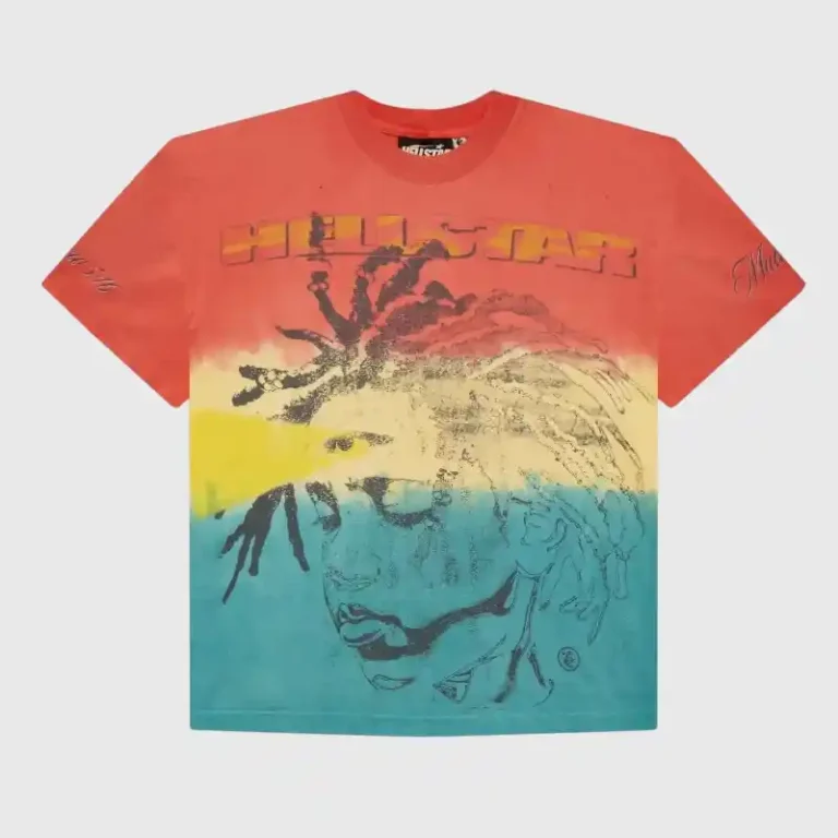Hellstar Rasta T-shirt with a vibrant graphic print on premium cotton in a vintage-washed red, yellow, and blue.