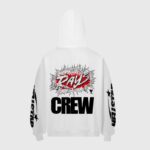 White Hellstar Rays Crew hoodie featuring a distressed red and black graphic print on the back and sleeve detail.