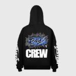 Back view of the black Hellstar Rays Crew graphic hoodie featuring a bold screen-printed design on the back.
