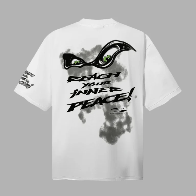 Hellstar white t-shirt featuring Reach Your Inner Peace graphic print on the back with abstract smoke design elements.