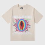 Hellstar Records beige unisex cotton T-shirt with vintage washed rainbow portal graphic and silhouetted figure, Made in USA