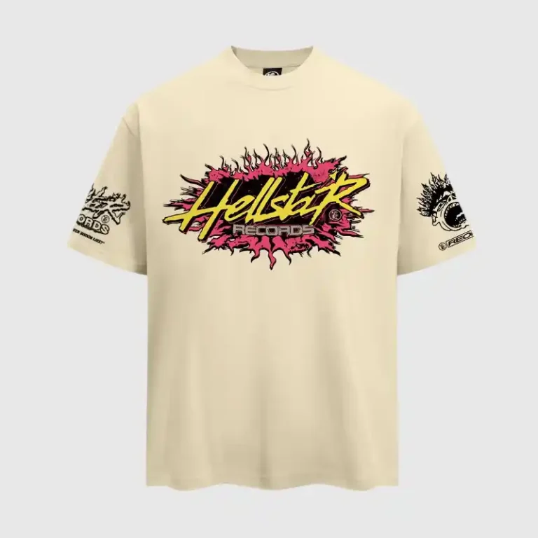 Front view of the Hellstar Records beige graphic t-shirt made of 100% cotton with a vintage washed effect in LA