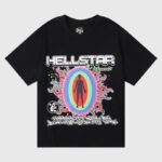 Hellstar Records black vintage-washed cotton graphic tee featuring a colorful portal and silhouetted figure, unisex LA design