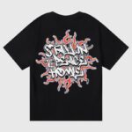 Hellstar Records black unisex cotton T-shirt with vintage washed graffiti-style sun graphic screen print, made in Los Angeles