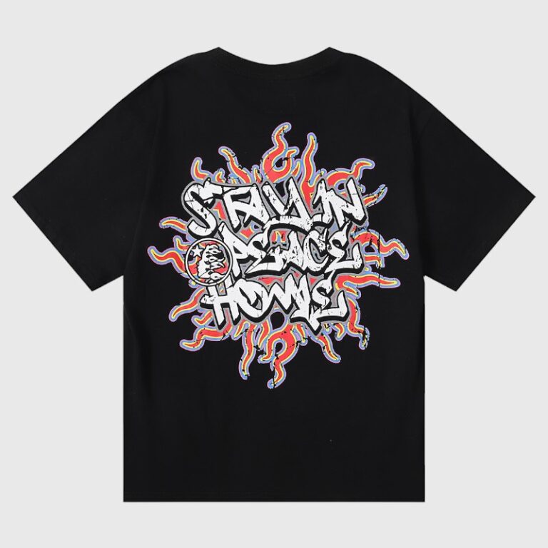 Hellstar Records black unisex cotton T-shirt with vintage washed graffiti-style sun graphic screen print, made in Los Angeles