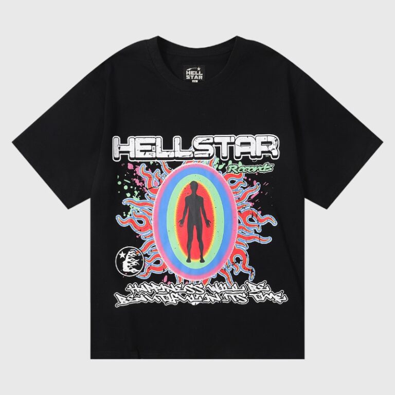 Hellstar Records black vintage-washed cotton graphic tee featuring a colorful portal and silhouetted figure, unisex LA design