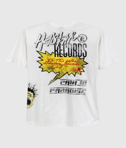 Hellstar Records Crazy Tee white unisex vintage-washed cotton T-shirt featuring yellow comic burst and distressed logo