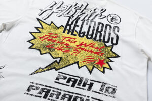 White Hellstar Records Crazy T-Shirt featuring a large back graphic with bold typography and a yellow starburst element.