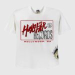 White Hellstar Records Crazy Tee with red vintage box logo and "Hollywood, CA" screen print on front