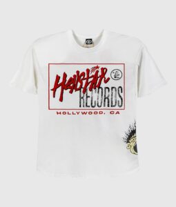 White Hellstar Records Crazy Tee with red vintage box logo and "Hollywood, CA" screen print on front
