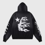 Back view of the Hellstar Sports Future Flame Flare black hoodie featuring a white flame silhouette and star design.