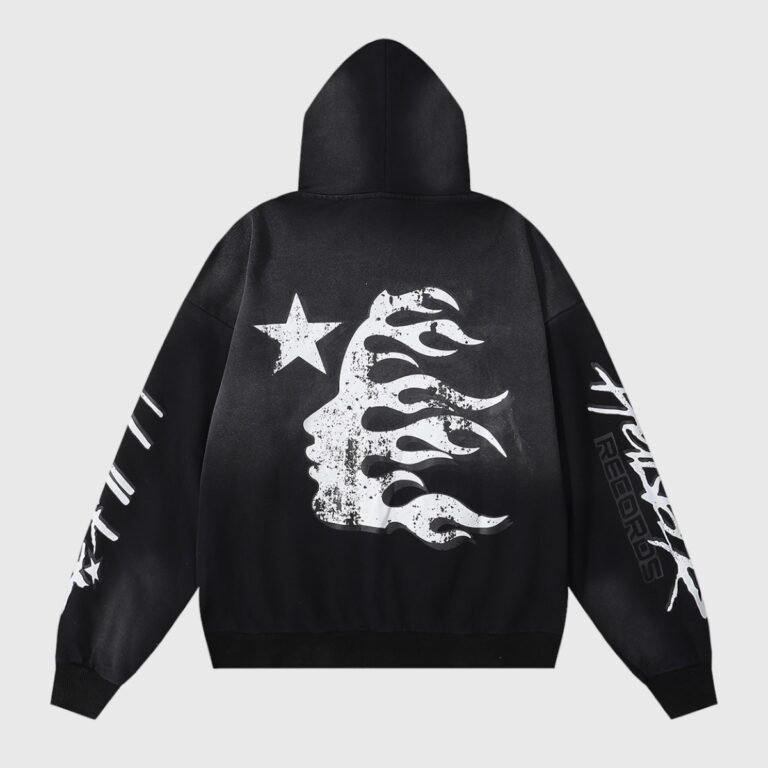 Back view of the Hellstar Sports Future Flame Flare black hoodie featuring a white flame silhouette and star design.