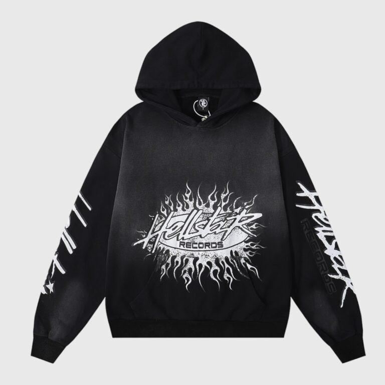Black Hellstar Records Flame Flare hoodie featuring a white flame graphic and logo on the front and sleeves.