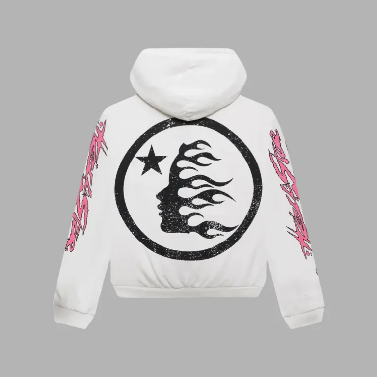 Back view of the white Hellstar Records glitter zip up hoodie featuring a flame face and star graphic on the back.