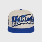 Hellstar Records snapback hat in blue and white with an iconic embroidered logo for a classic streetwear urban style.