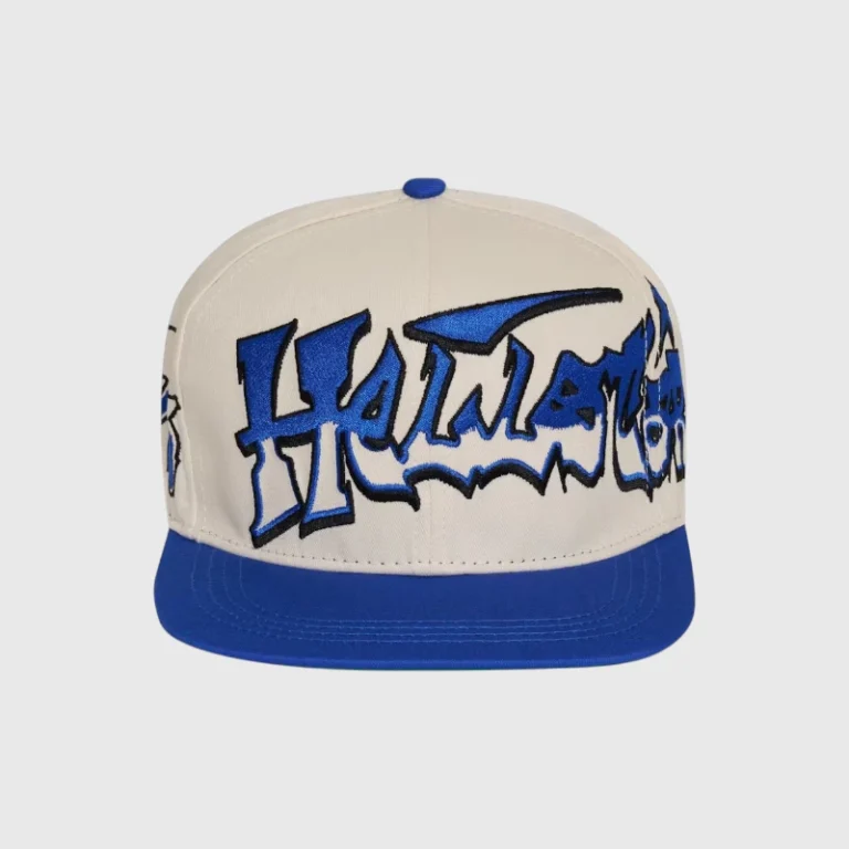 Hellstar Records snapback hat in blue and white with an iconic embroidered logo for a classic streetwear urban style.