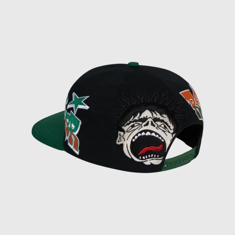 Hellstar Records snapback hat in green and black featuring a distinctive embroidered graphic and adjustable fit.